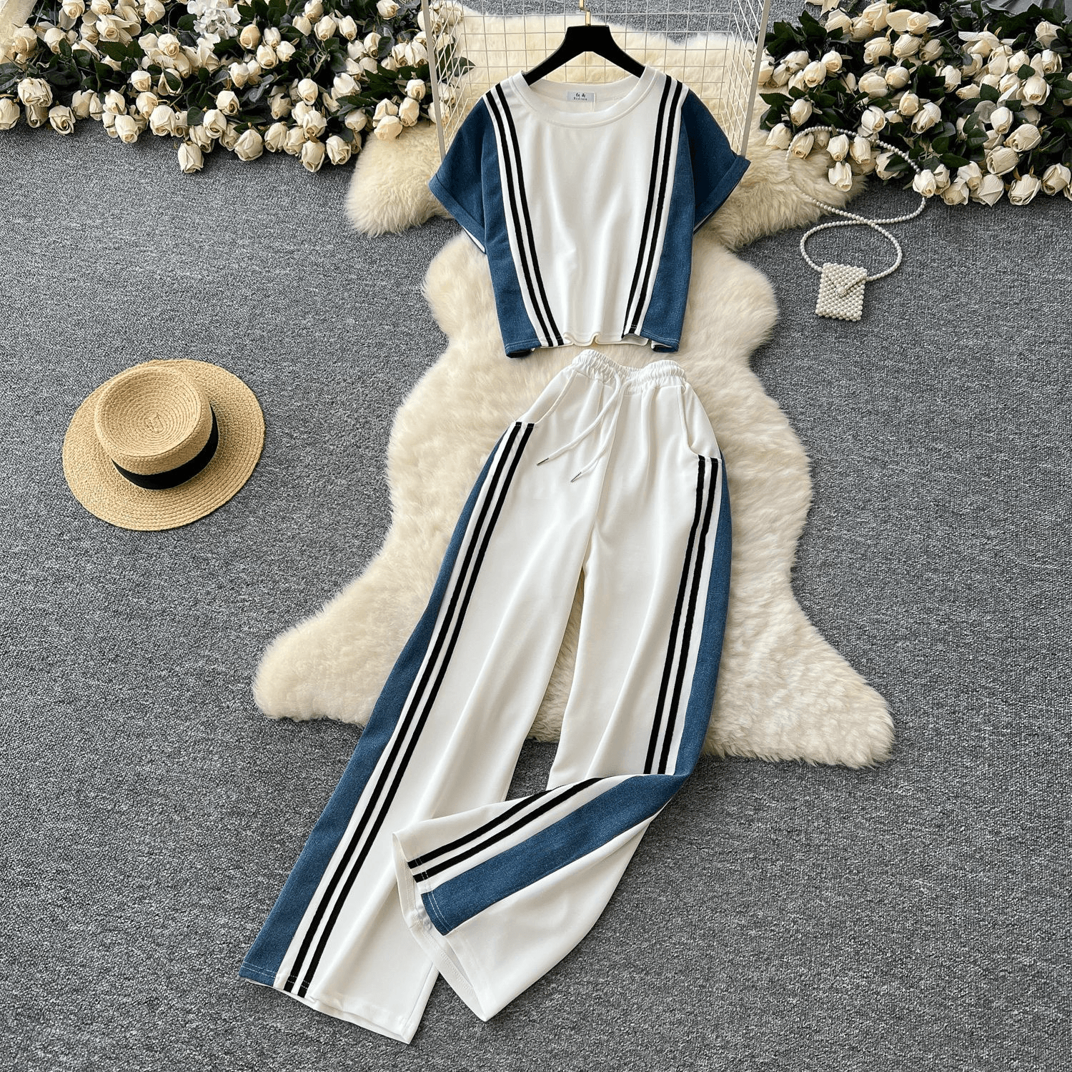Women's Clothing Tops High Waist Denim Stitching Wide Leg Straight Trousers Casual Suits
