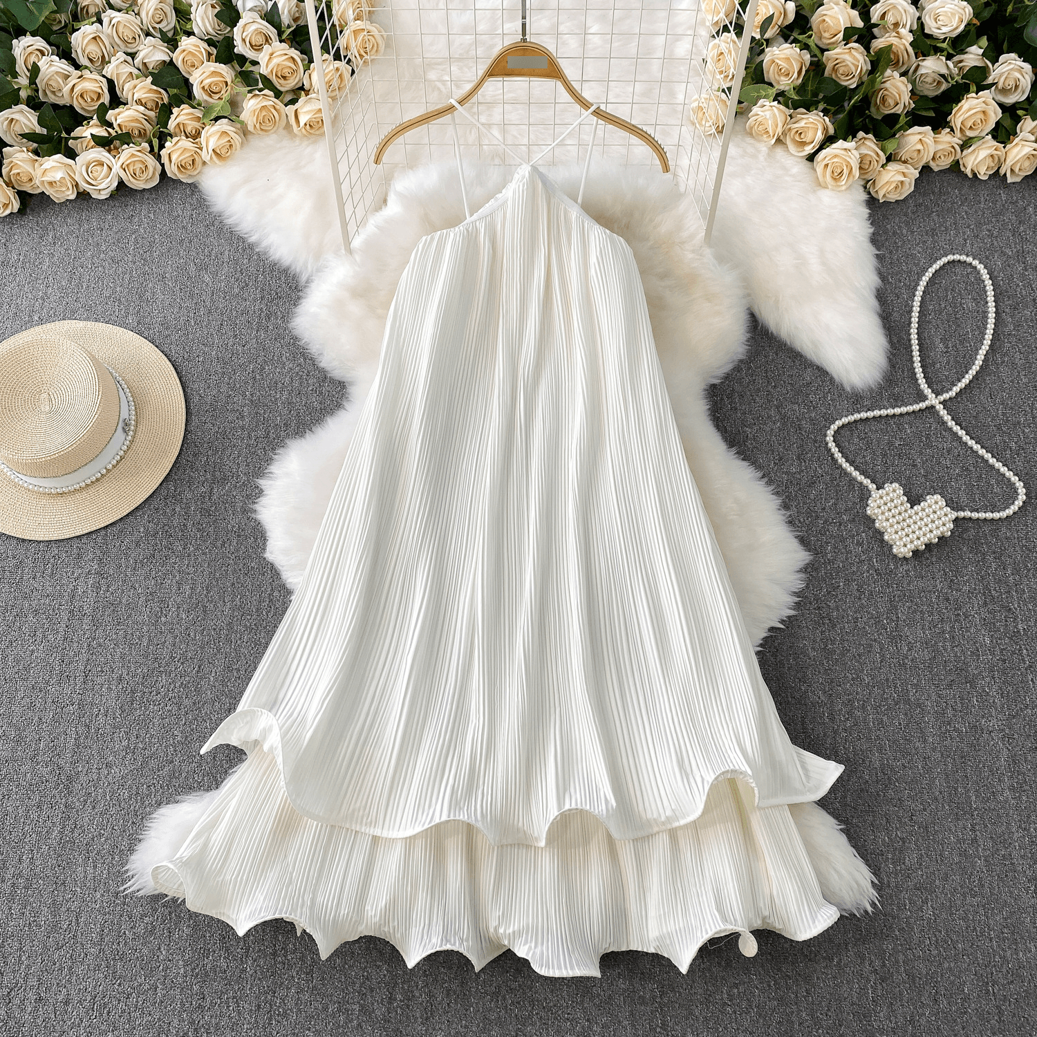 Women's Clothing Seaside Holiday Style Sexy Backless Halter Neck Suspender Dress Women's Summer Loose Slim Fluffy Cake Skirt