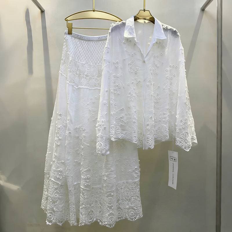 Women's Long Sleeve Lapel White Shirt Hook Detail Hollow Design High Waist Skirt Set Casual Elegant Fashion Spring 2026