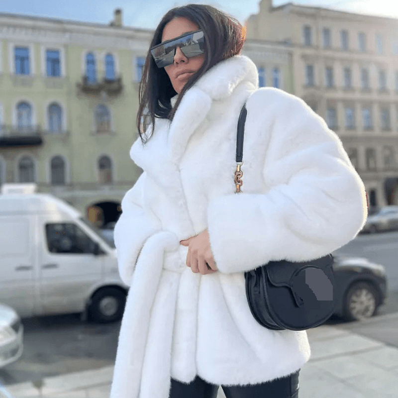 Women's Clothing rabbit fur lapel fur coat thick warm belt coat for women