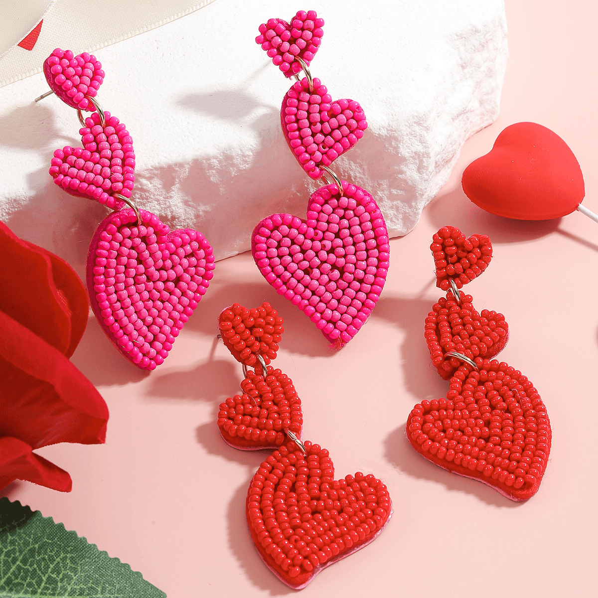 Super exquisite multi layer handmade rice bead heart earrings sweet romantic creative niche earrings Valentine's Day