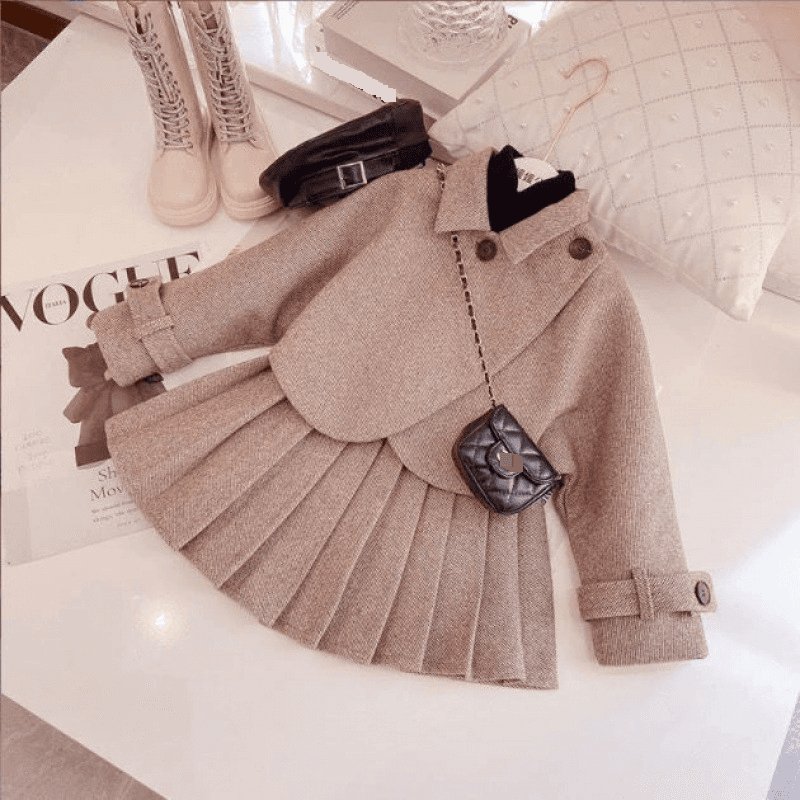 Spring Girls Woolen Suit Coat Pleated Short Skirt Two Piece Suit Little Girls Cotton Thickened Western Style Trend
