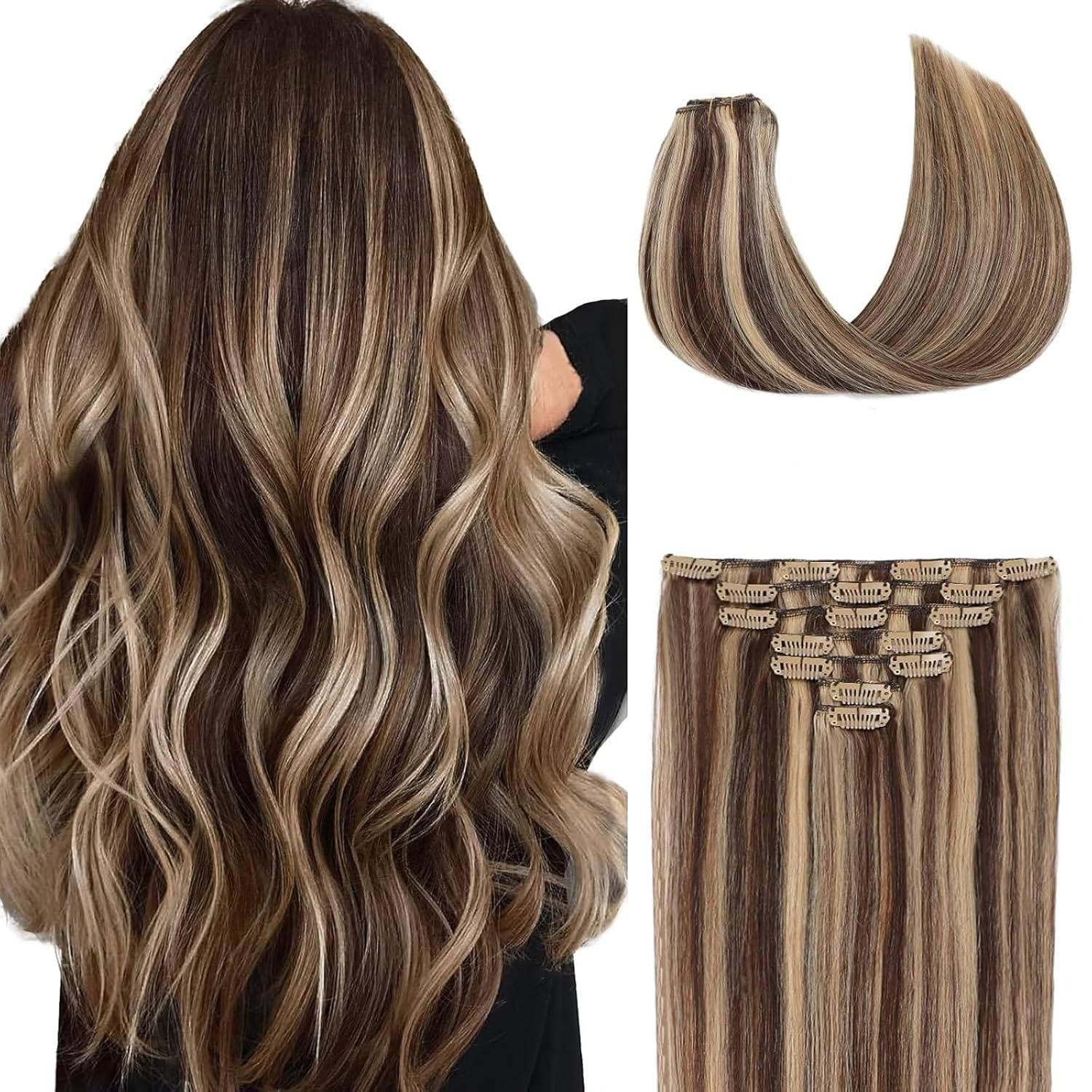 Clip In Hair Extensions Real Human Hair 22 Inch Brown To Caramel Blonde Hair Extensions Clip In Double Weft 100% Real Human Hair Extensions 8 PCS 110g
