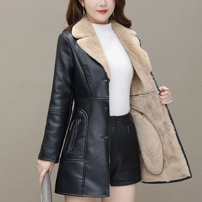 Women's fashion temperament slim slim waist pu coat
