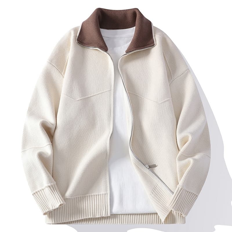 Pure Foreign Trade Men's Color Block Turn-Down Collar Knitted Sweater For Teenagers, Warm Loose Casual Zipper Cardigan Trendy