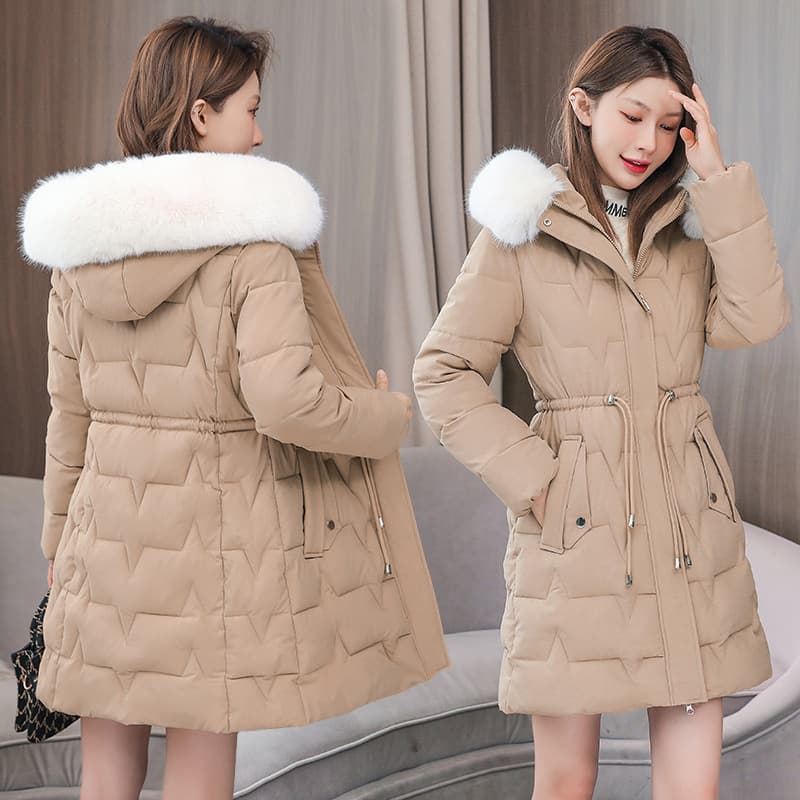 Women's Winter Hooded Down Cotton Coat, Long Padded Jacket With Detachable Faux Fur Collar, Slim Fit Waist Design, Warm Thick Outerwear
