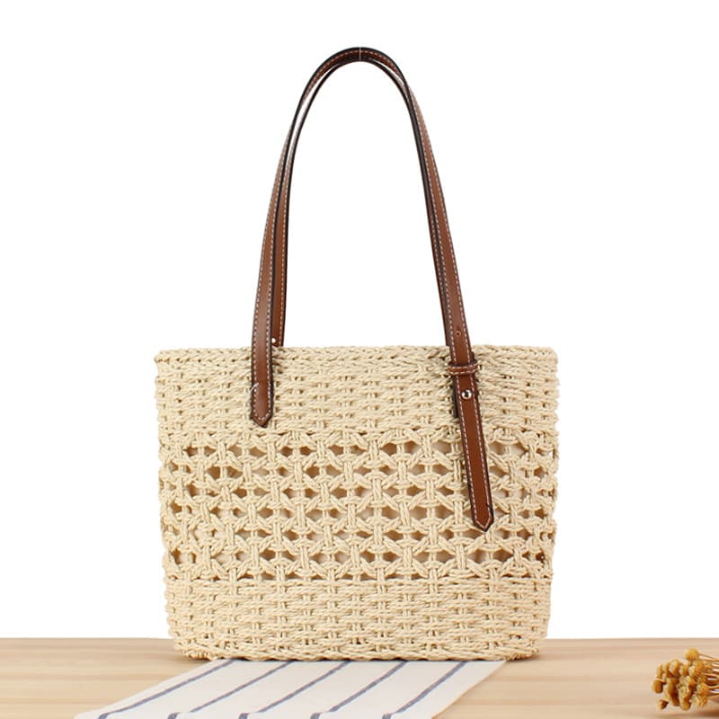French High-end Western-style Large Capacity Woven Bag Suitable for Beach Vacation Solid Color Versatile Tote Bag Shoulder Bag