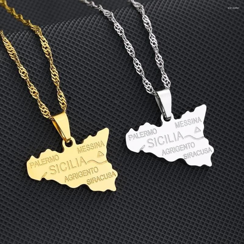 Pendant Necklace 2023 Italy Sicily Map With City Name Gold Color Italian Sicilia Stainle Steel Jewelry For Women