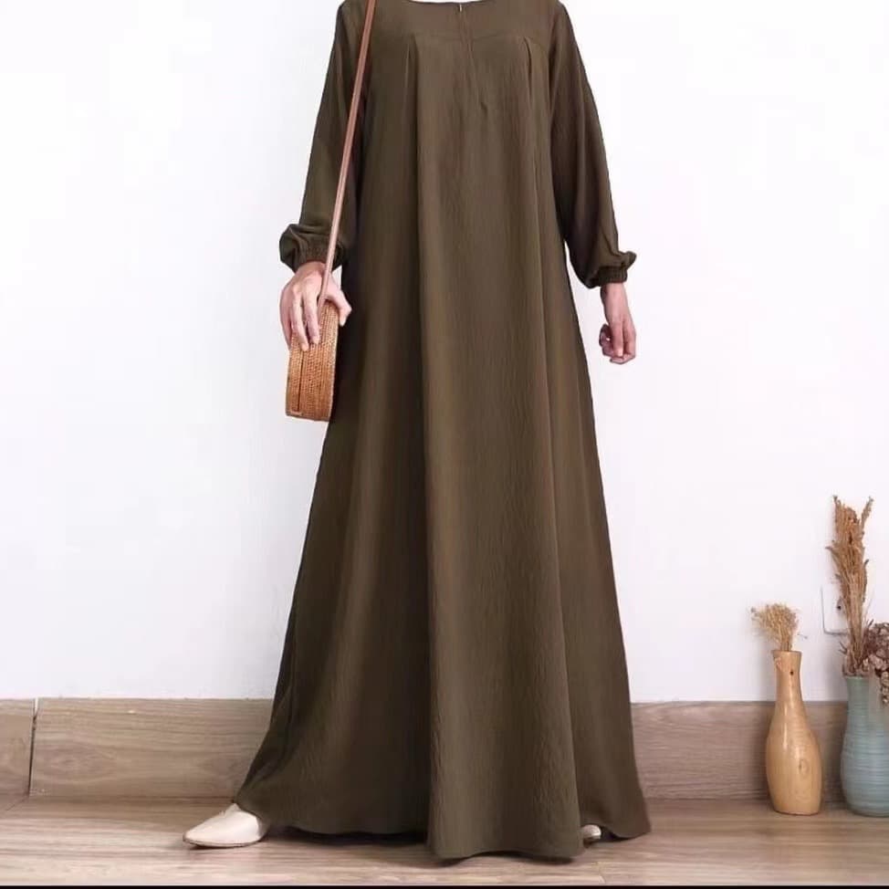 Women's Clothing Solid Color Long Sleeved Zipper Round Neck Dress Muslim Long Skirt