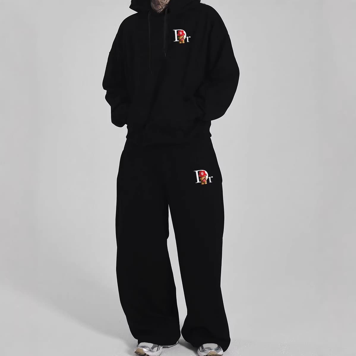 Men's Red Bear Print Hoodie & Pants Set - Streetwear Pullover With Crossbody Bag Premium Polyester Blend