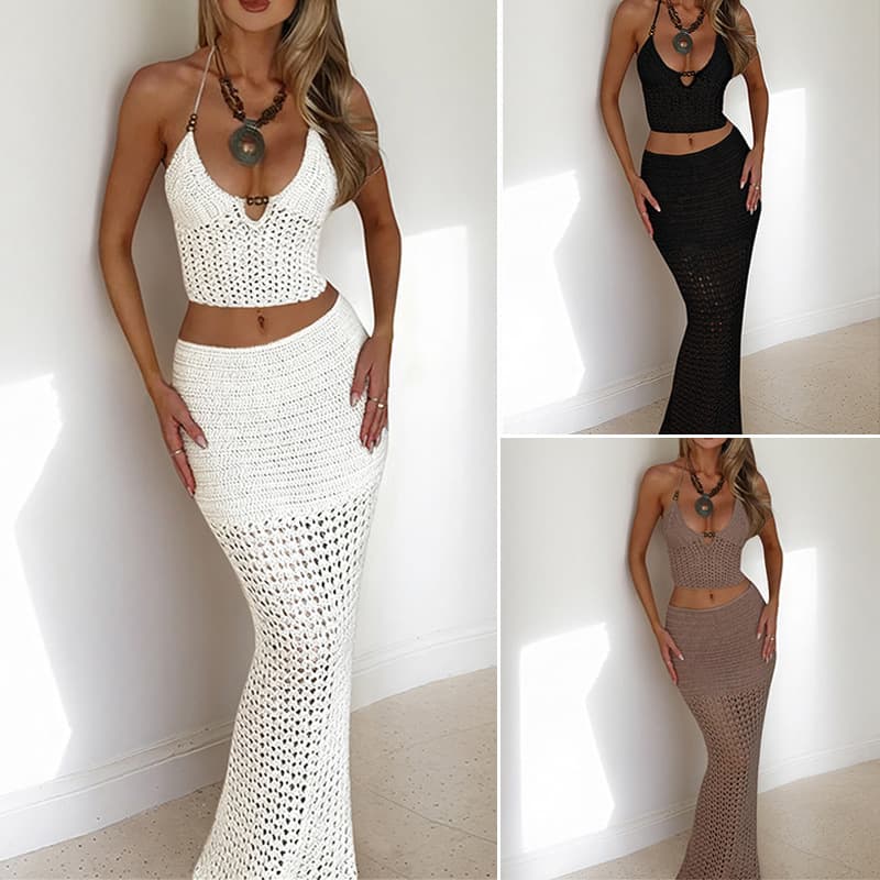 Fashionable Two Piece Set European American Style Beaded Back Tie Top Hollowed Out Textured Bodycon Midi Skirt Beachwear