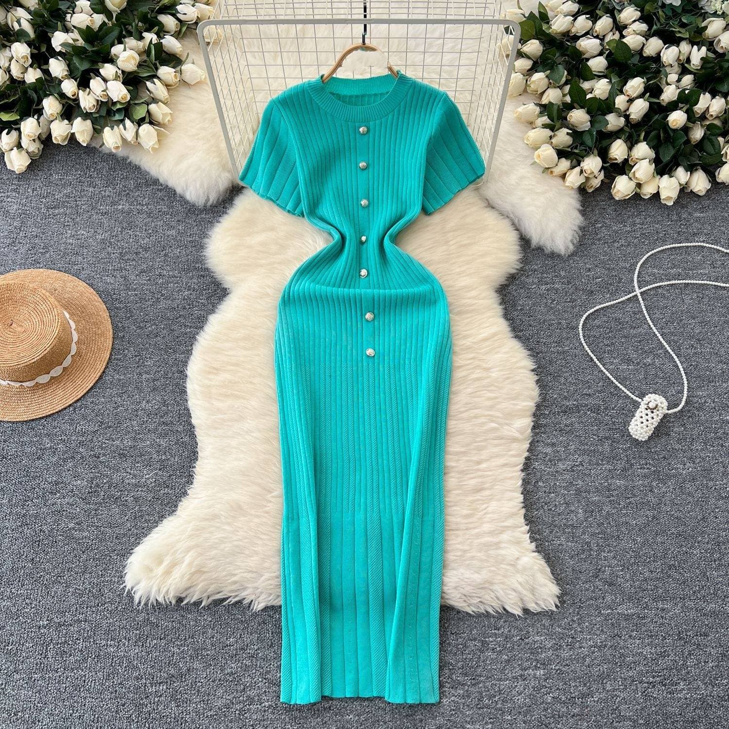 Women's Clothing Celebrity temperament knitted dress women's new style high end round neck breasted short sleeved slim fit long skirt