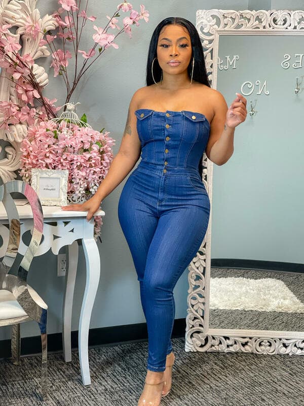 Women's Clothing New Style Casual Fashion Tube Top Women's Fit Denim Jumpsuit