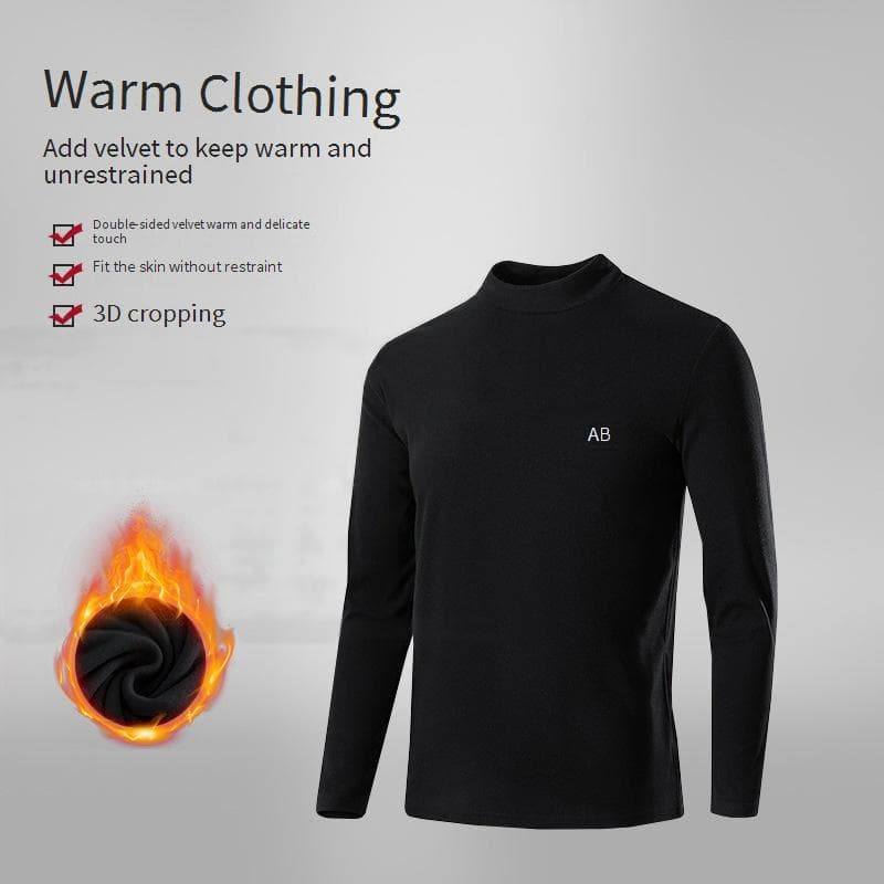 ​Men's Thermal Fleece Long Sleeve T-Shirt, Semi-Turtle Neck Base Layer For Winter, Warm Black Undershirt For Cold Weather​