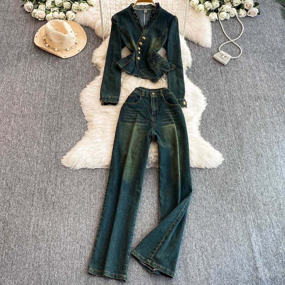 Korean Style V-Neck Suit Set – Slimming Metal Button Jacket & Flared Denim Pants For Women​