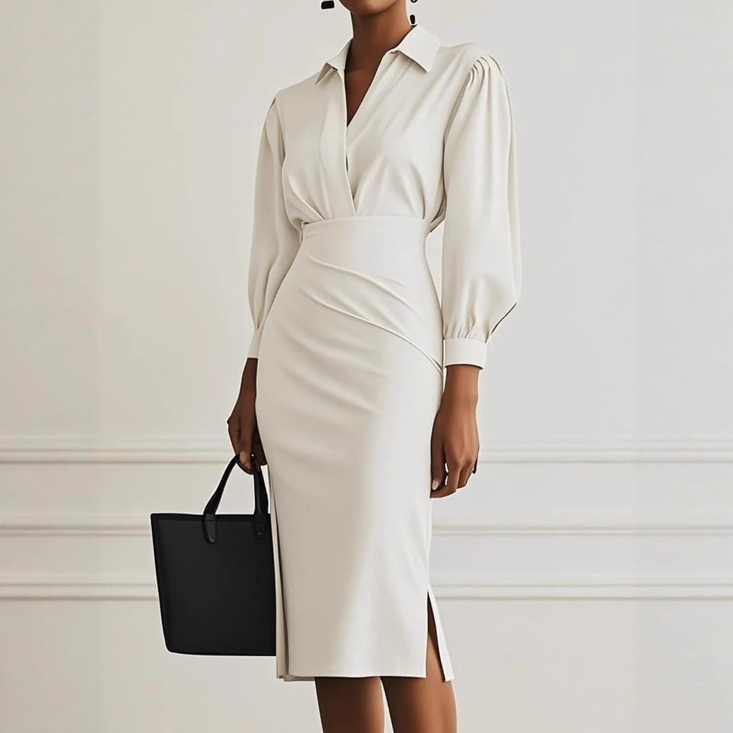 Women's Clothing Elegant V-Neck Pleated Wrap Dress Slim Fit Long Sleeve Midi Dress, Casual & Office Wear, Polyester Stretch Fabric Available