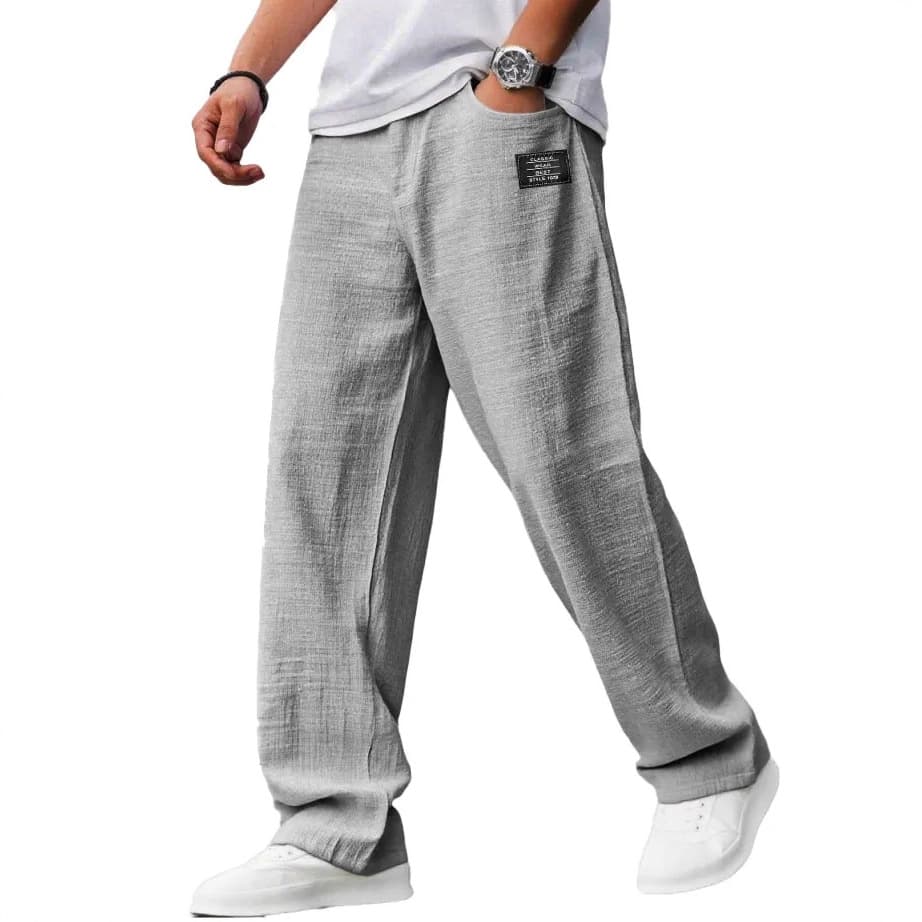 Men's Clothing Casual Cotton Linen Drawstring Waist Pants With Embroidered Logo, Relaxed Fit, Multiple Pockets, Available In 10 Colors