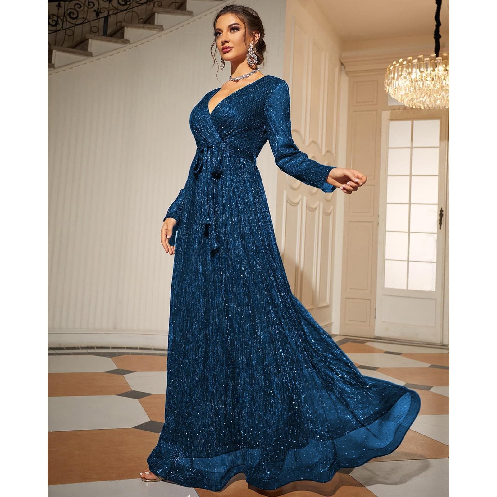Women's Mesh glitter gold elegant long sleeve evening dress prom dress party dress bridesmaid dress