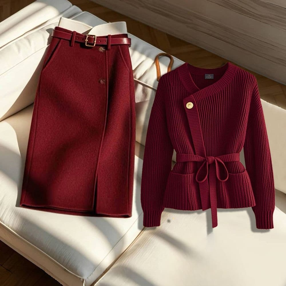 Luxury Angora Red Knit Set – Elegant Winter Two-Piece Outfit (Sweater + Skirt, S-3XL, Princess Sleeves)​