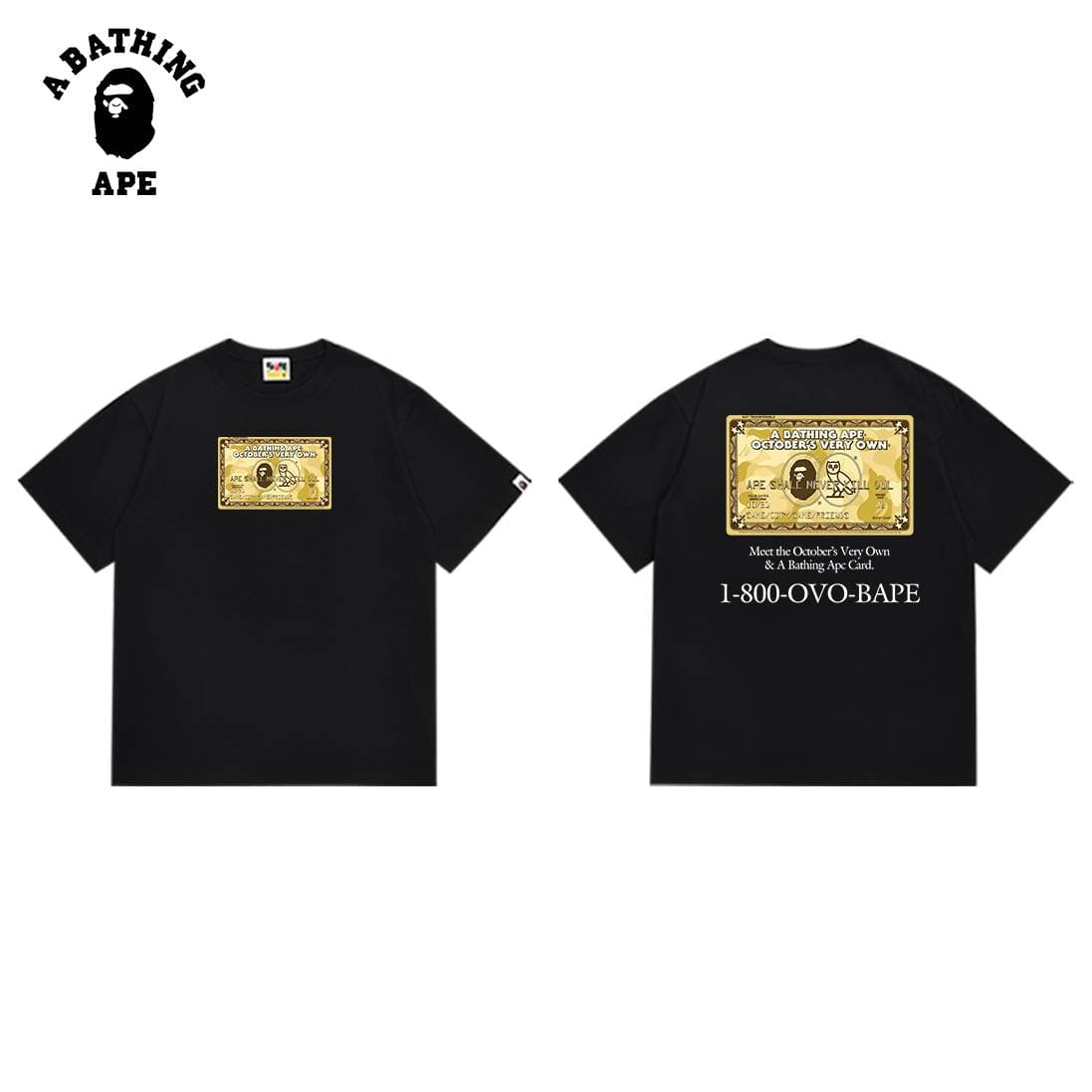 A BATHING APE BAPE-BAPE X OVO Co Branded Ape Head Owl Gold Card Logo Printed T-shirt Made Of Pure Cotton Fabric