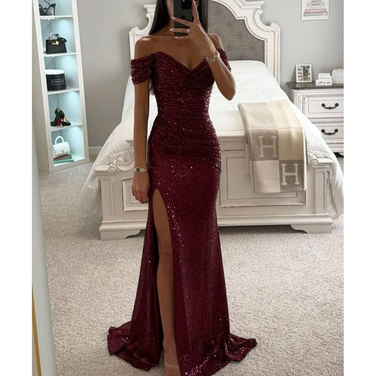 2025 European And American New Party Sequin One Neck Slit Dress Casual Fashion Party Dress
