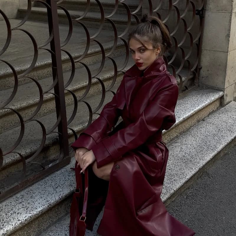 Women's Clothing Over The Knee Leather Coat Long Knee-Length Leather Jacket Fashionable Loose Fit Slimming Belted Trench Coat For Autumn & Spring