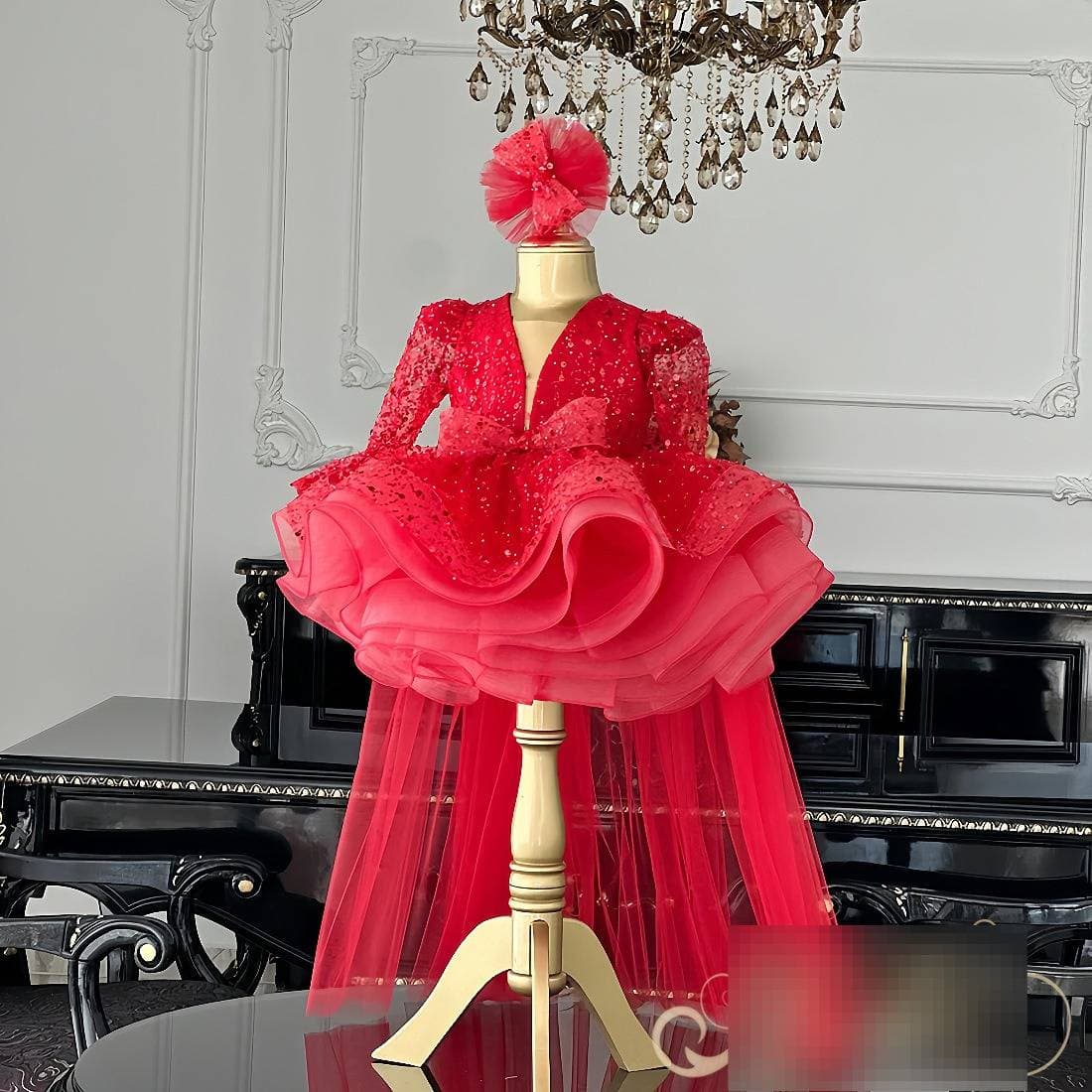 Girls Red Short Dress Heavy Duty Princess Style For Baby's First Birthday Party Haute Couture Kids Clothing (0-3Y)