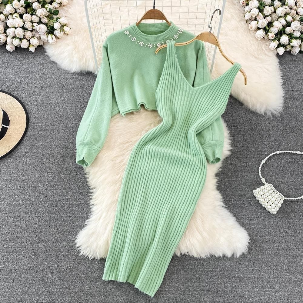 Women's Clothing new autumn and winter suit round neck beaded high waist hip sweater two piece suit fashionable knitted dress women's trend