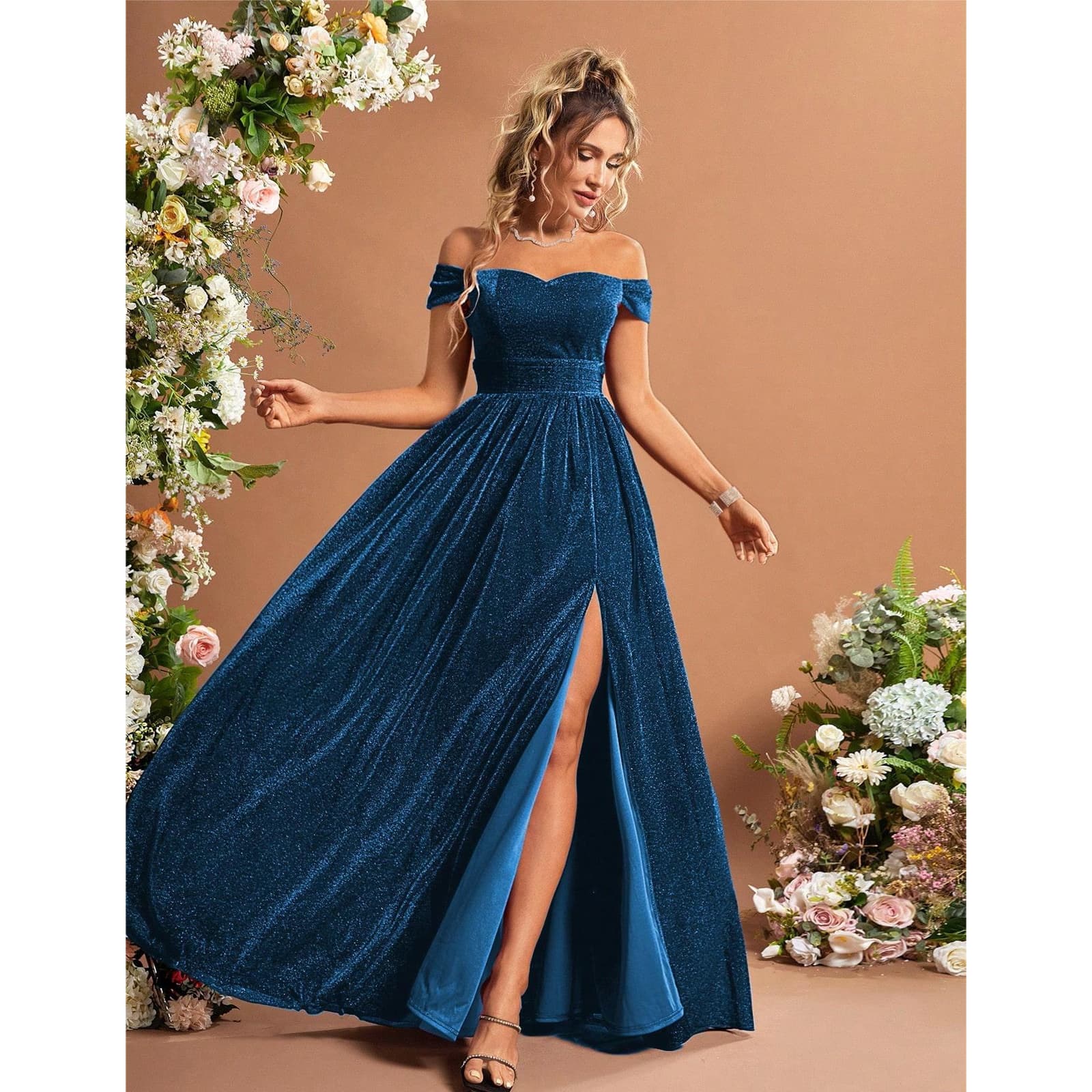 Women's One-shoulder slit metallic fabric full swing evening dress prom dress party dress bridesmaid dress