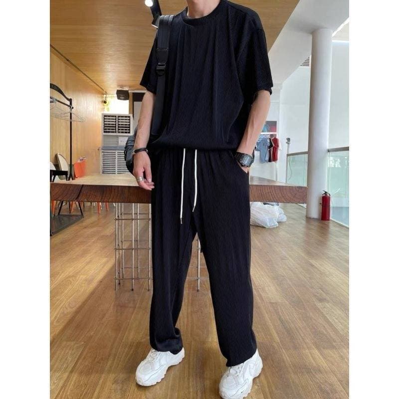 Men's Casual Suit Trendy High Elasticity Venetian Strip Loose Super Hot Ice Silk Short Sleeve Sports Two-piece Suit
