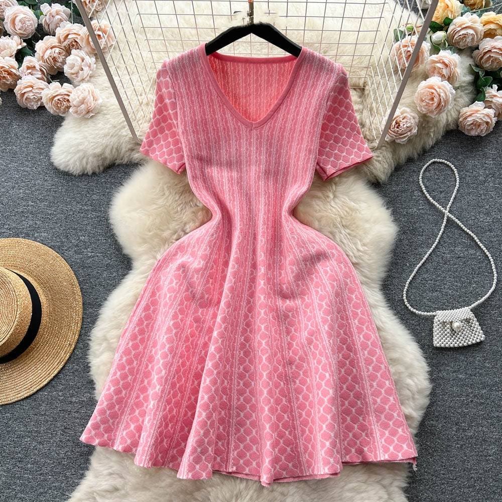 Women's Clothing temperament V neck slim short A line large hem short skirt