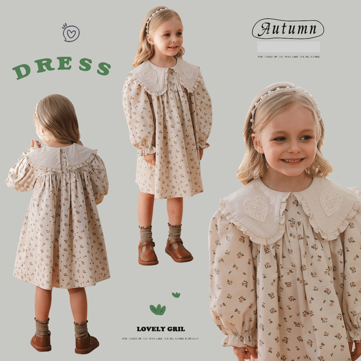 Mother & Kids Korean version lapel printed lace girl dress 2024 autumn new long sleeve sweet children's princess dress pure cotton