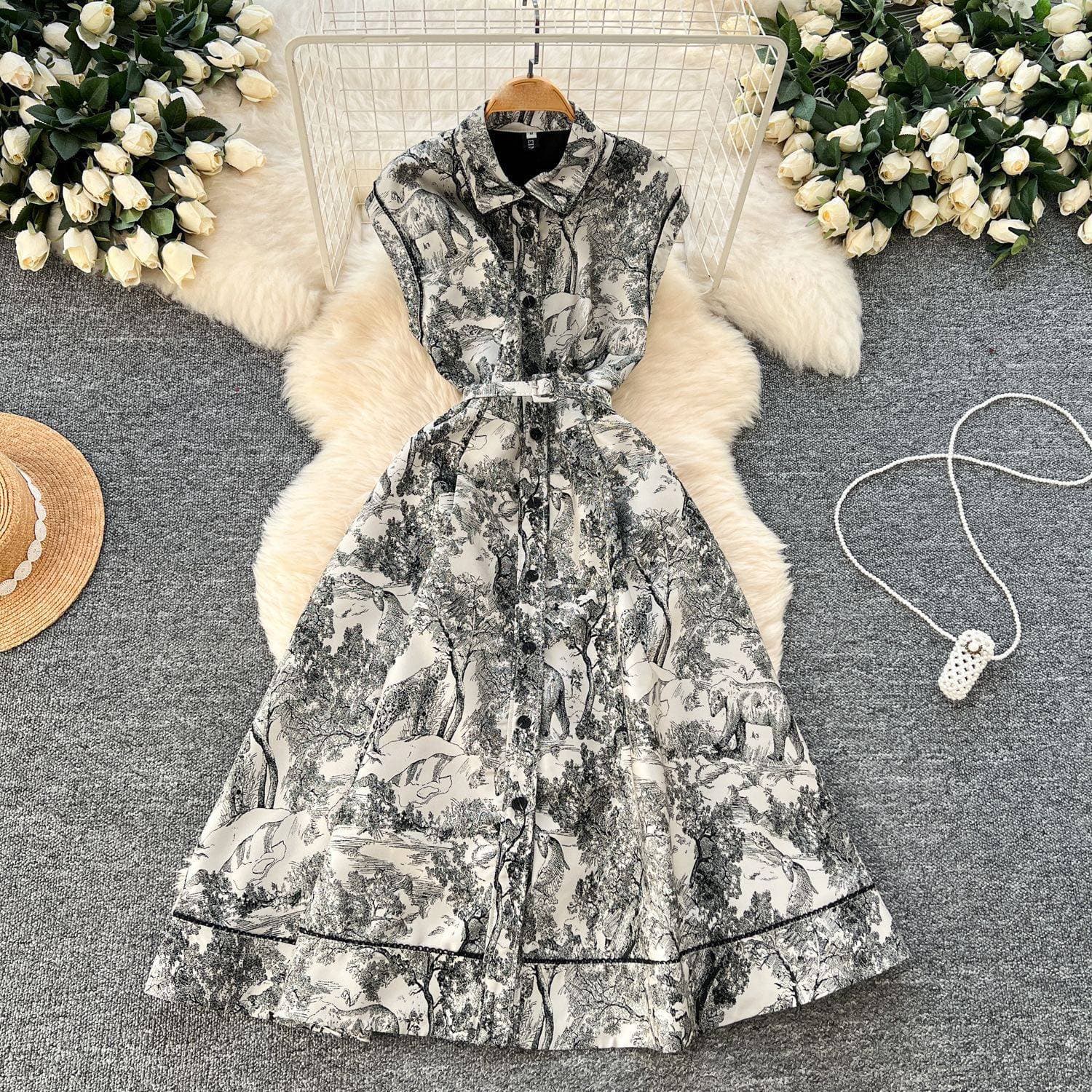 Women's Clothing High End Elegant Dress Lapel Sleeveless Waist Single Breasted Ink Painting Jacquard Long Skirt