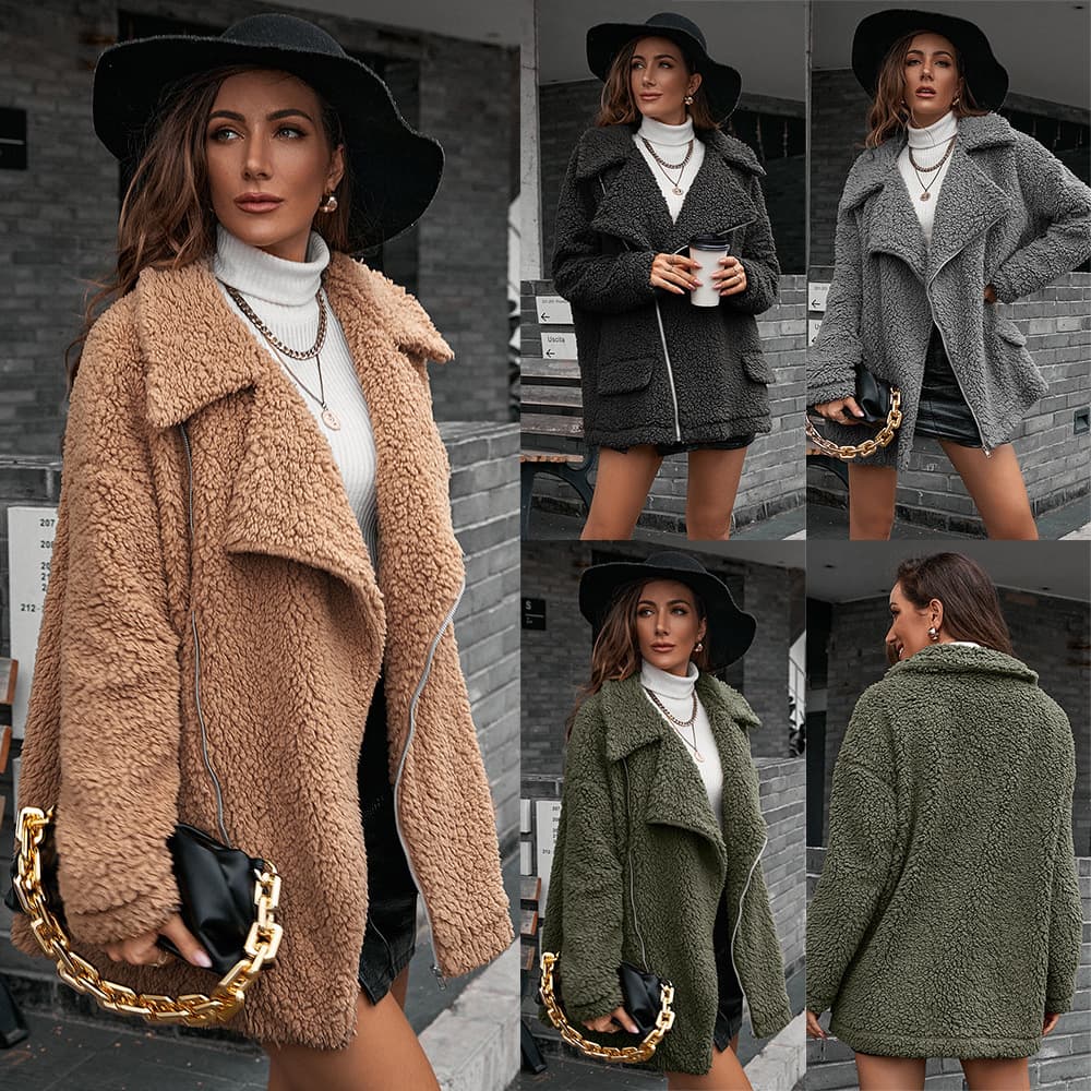 Women's clothing loose and thick bubble velvet zipper fur coat lapel lamb wool trench coat