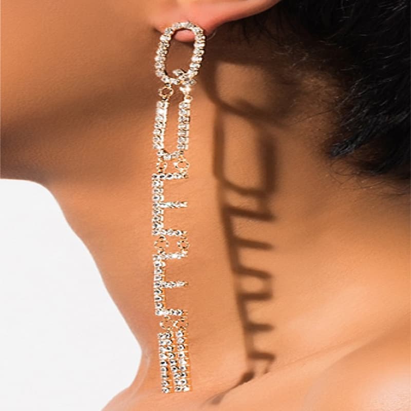 QUEEN English Letter Earrings Shiny Long Rhinestone Earrings Earrings earring earring