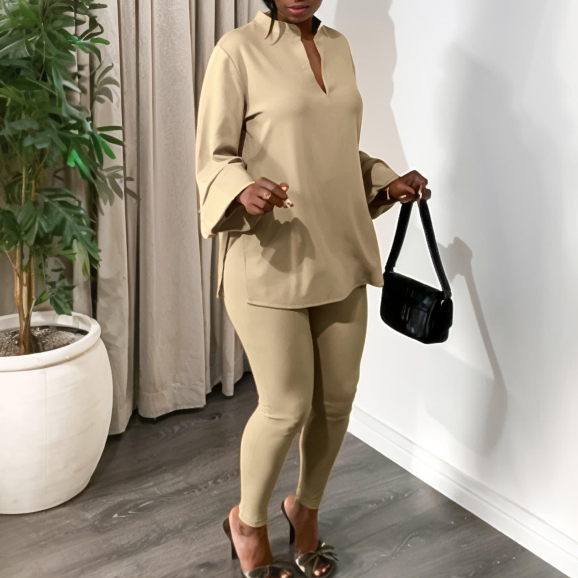 Women’s Clothing Autumn And Winter Fashion Style Solid Color Large Size V Neck Long Sleeved Tops And Pants African Suit