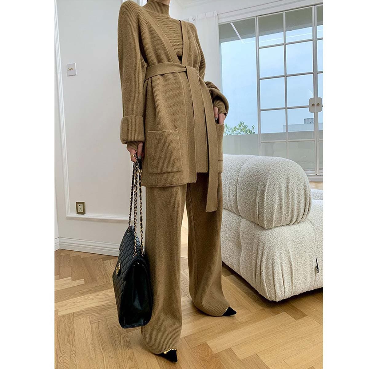Women's fashion knit suit women loose temperament casual wide leg pants sweater cardigan three-piece set