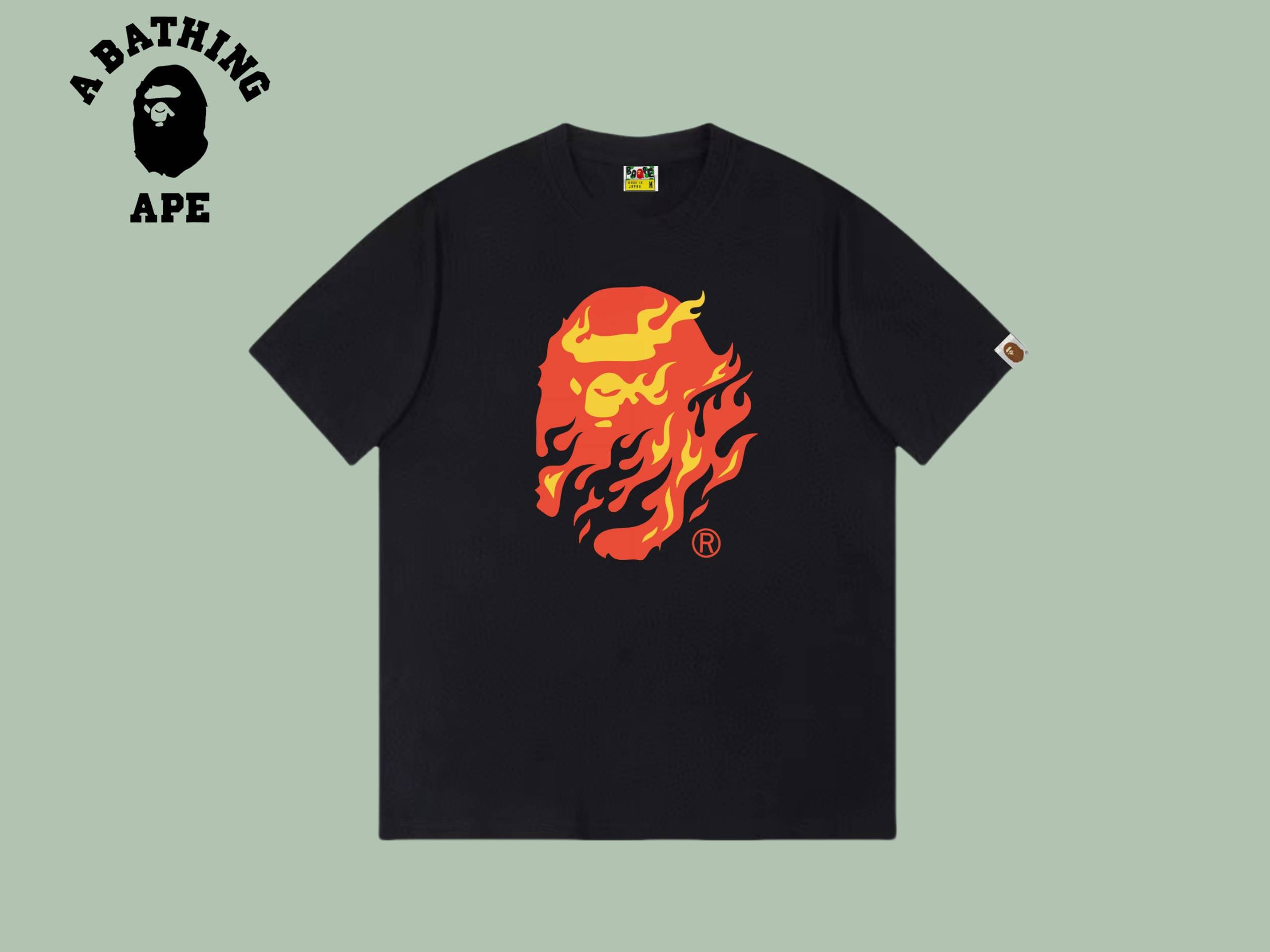 A BATHING APE BAPE-Ape Head Flame Ape Printed Short Sleeve T-shirt Made Of Pure Cotton Fabric