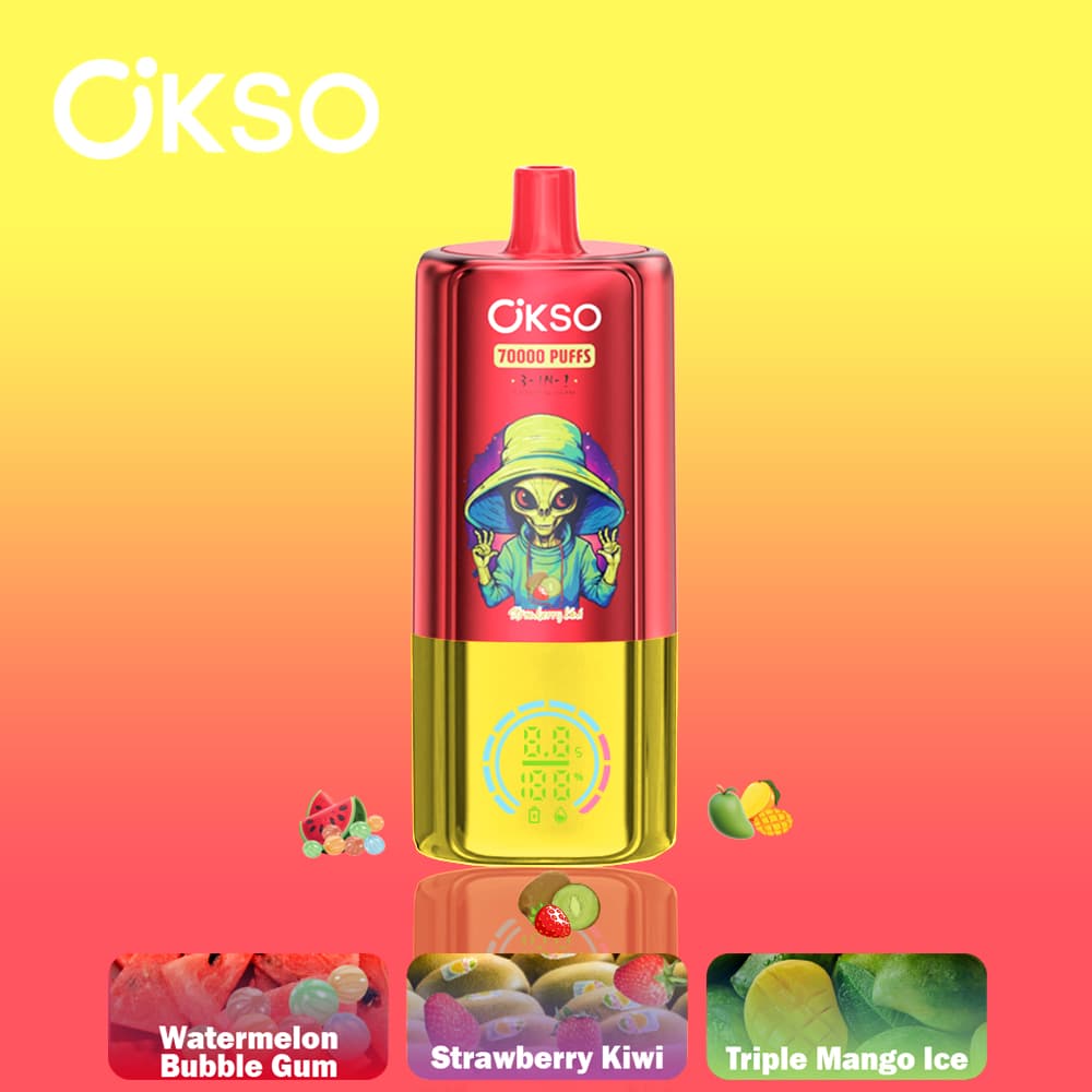 Vape 70K Triple Saveur OKSO 3EN-1 70000 Bouffées Dispositif de Vape Jetable 48ml E-Liquide Prérempli Écran Type-C Support de Cigarette Rotatif Vap
