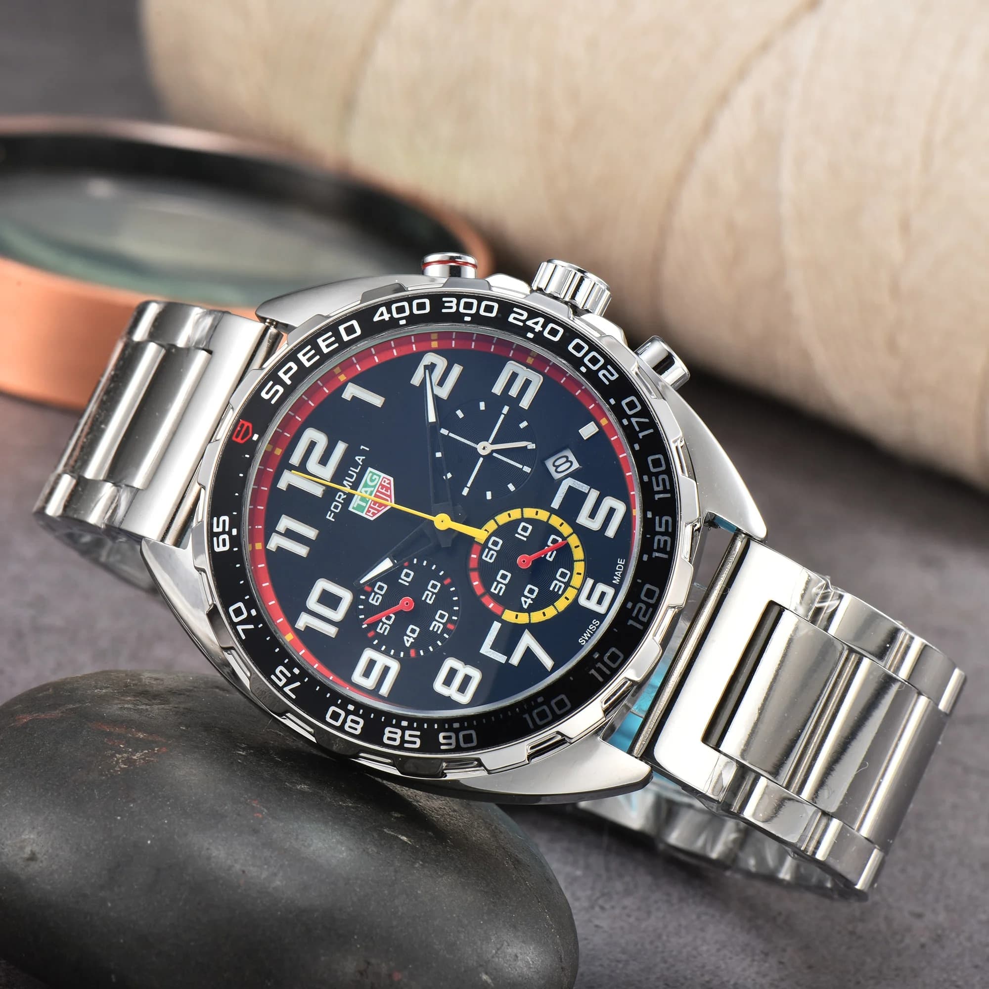 Montre TAG pour homme, multifonctionnelle, à 6 broches, bracelet en acier, à quartz, de haute qualité