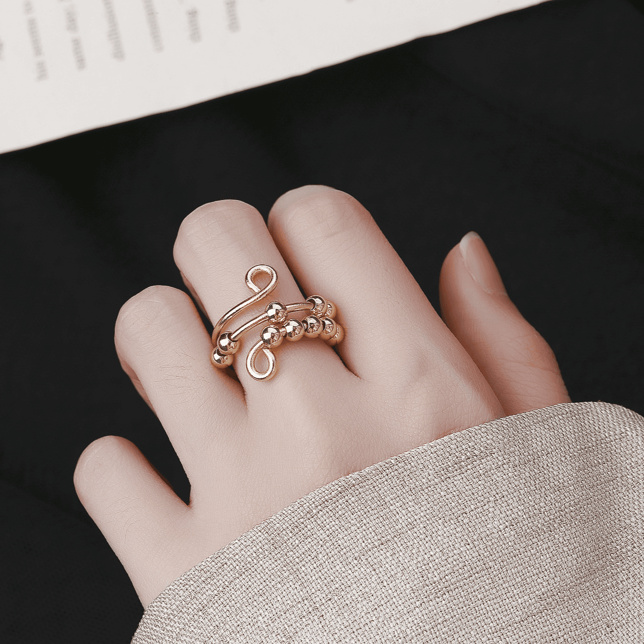 Gold plated stress relief and anti anxiety copper bead rotating ring open bead ring