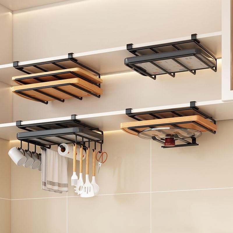 Under Cabinet Organizer No Drill Pot Lid Holder Cutting Board Rack Paper Towel Storage Space Saving Kitchen Shelf