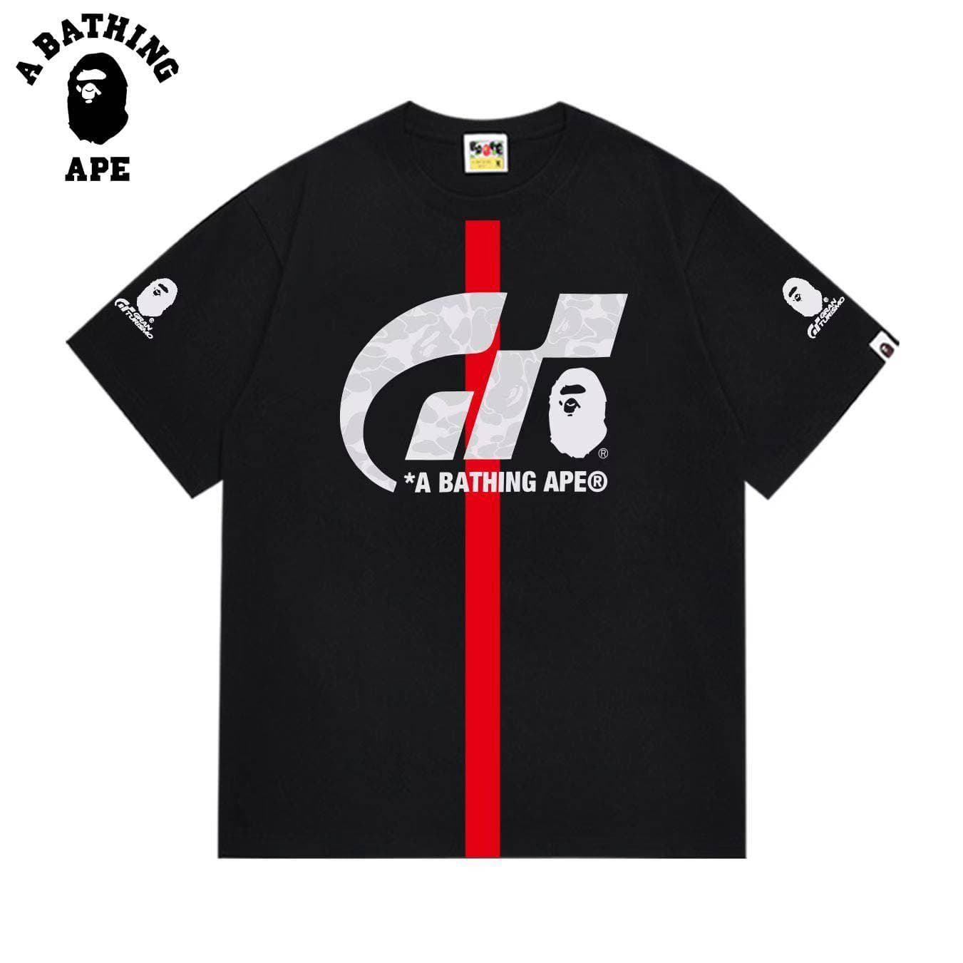 A BATHING APE BAPE-GT Car Cuff Monkey Head Print Round Neck Short Sleeved T-shirt Made Of Pure Cotton Fabric For Both Men And Women