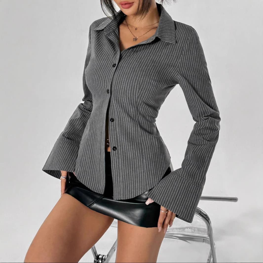 Women's Clothing Striped Casual Fashion Shirt Cardigan New Button Long Sleeved Shirt