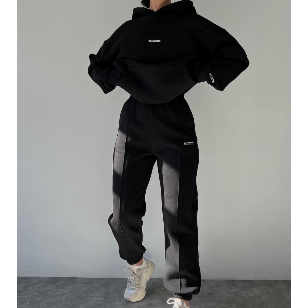 Women's Clothing Fleece Hoodie & Jogger Set - Long Sleeve Thickened Sweatshirt & Pants Outfit, Casual Letter Print Two-Piece (Black, Dark Gray, Blue)