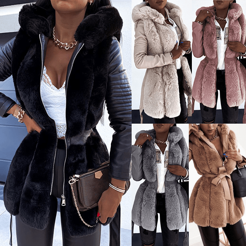 Women's Fur Coat with Belt Hooded Solid Colour Zip Jacket Coat