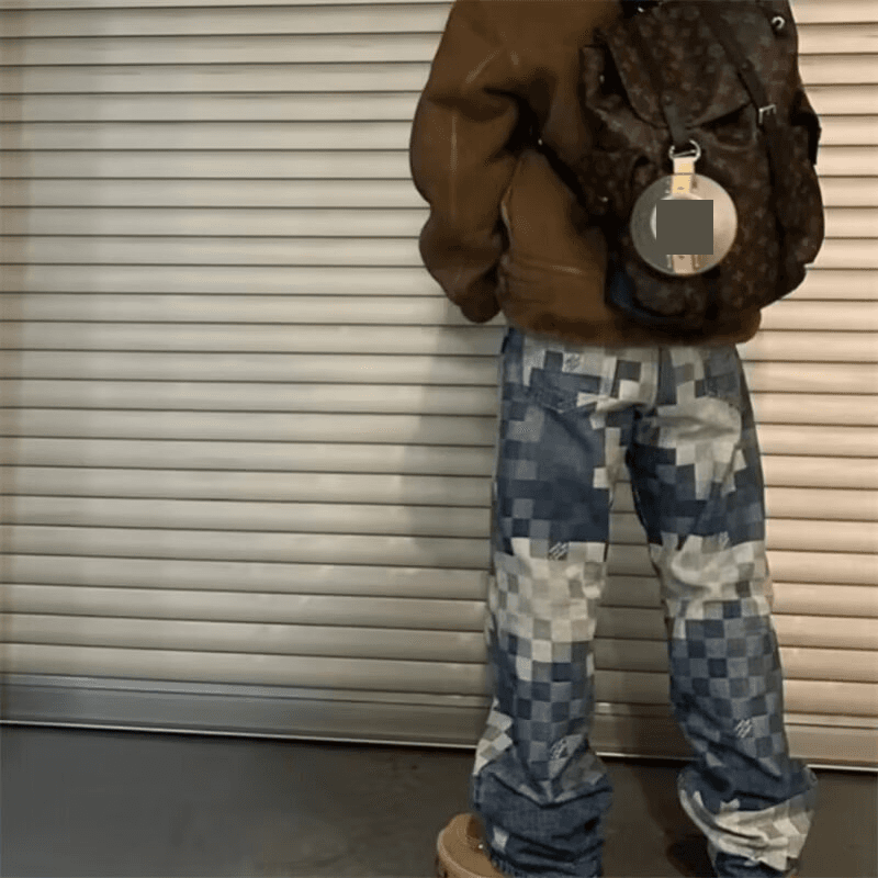 Vêtements pour hommes, pantalons décontractés, pantalons amples coupe slim, jeans décontractés pour hommes avec délavage à carreaux - Pantalons en denim coupe slim à jambe droite pour un usage quotidien