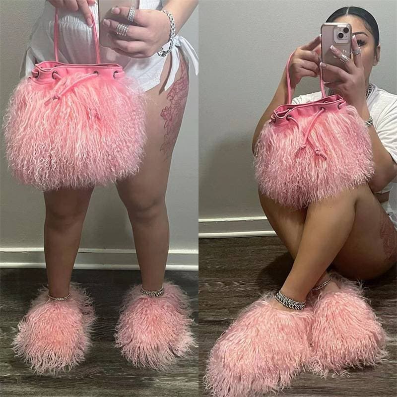 Women's Shoes Faux Shearling Slippers & Tote Set – Plush Home Shoes With Matching Bag (Cozy & Cute)​