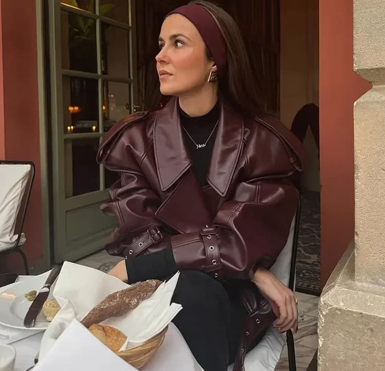 Women's Red Brown Leather Jacket Short Bomber Coat Fashionable Biker Style Autumn Winter Loose Fit Casual Streetwear