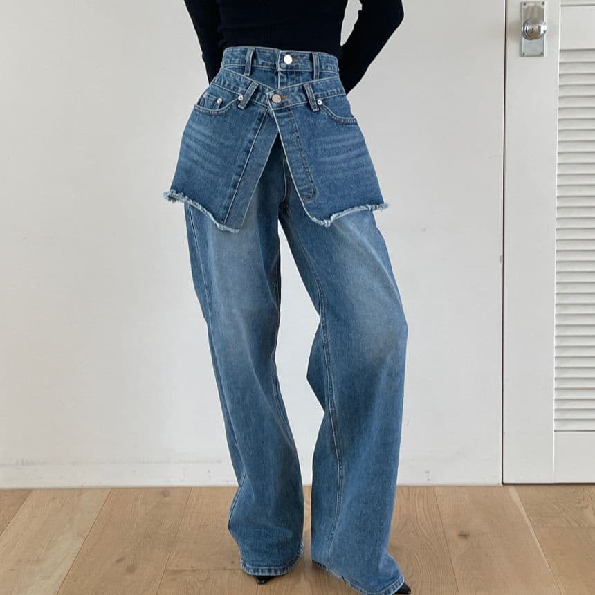 Women’s Clothing South Korea Dongdaemun autumn and winter new retro washed old dark design stitching with waistband jeans